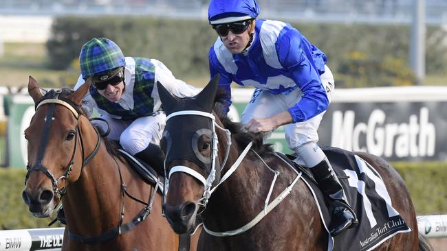 Winx produced a stunning finishing burst to reel in tearaway leader Red Excitement in the Chelmsford Stakes.