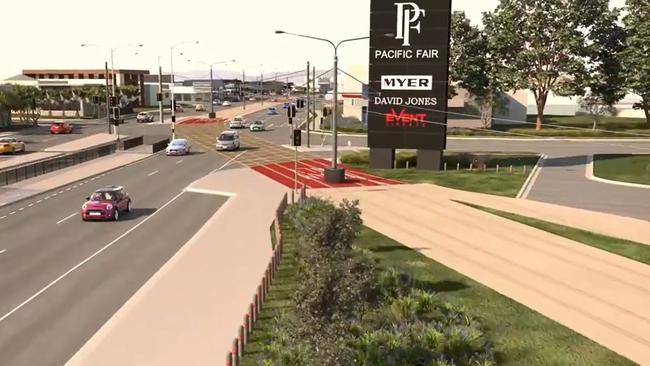 The tram crossing the Gold Coast Highway at Pacific Fair.