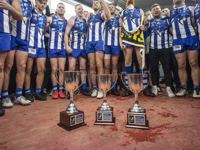 MPNFL Division 2 Grand Final: Langwarrin v Karingal. Langwarrin players celebrate their triple win. Picture: Valeriu Campan