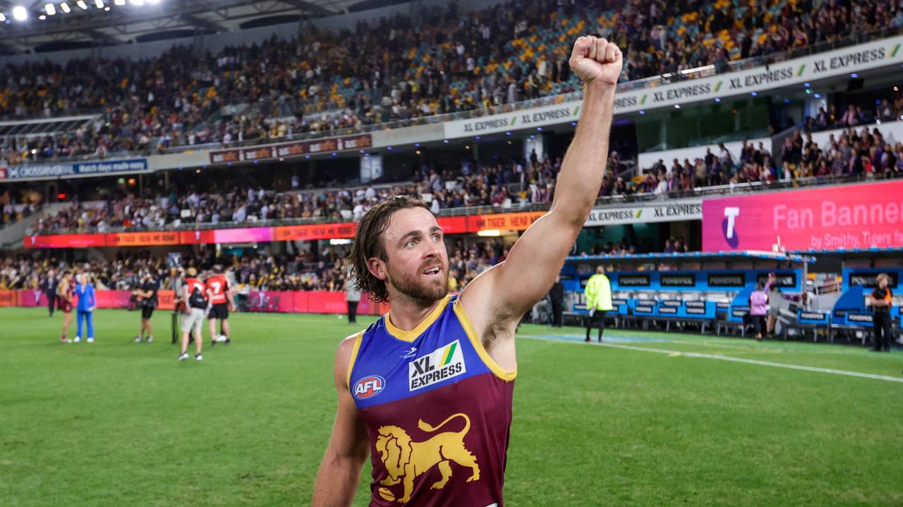 Rhys Mathieson celebrates Brisbane’s win over Richmond. Picture: Russell Freeman/AFL Photos via Getty Images