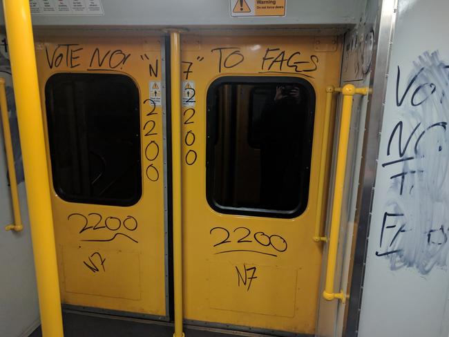 The graffiti pictured on a suburban Sydney train. Picture: ecarter6/imgur