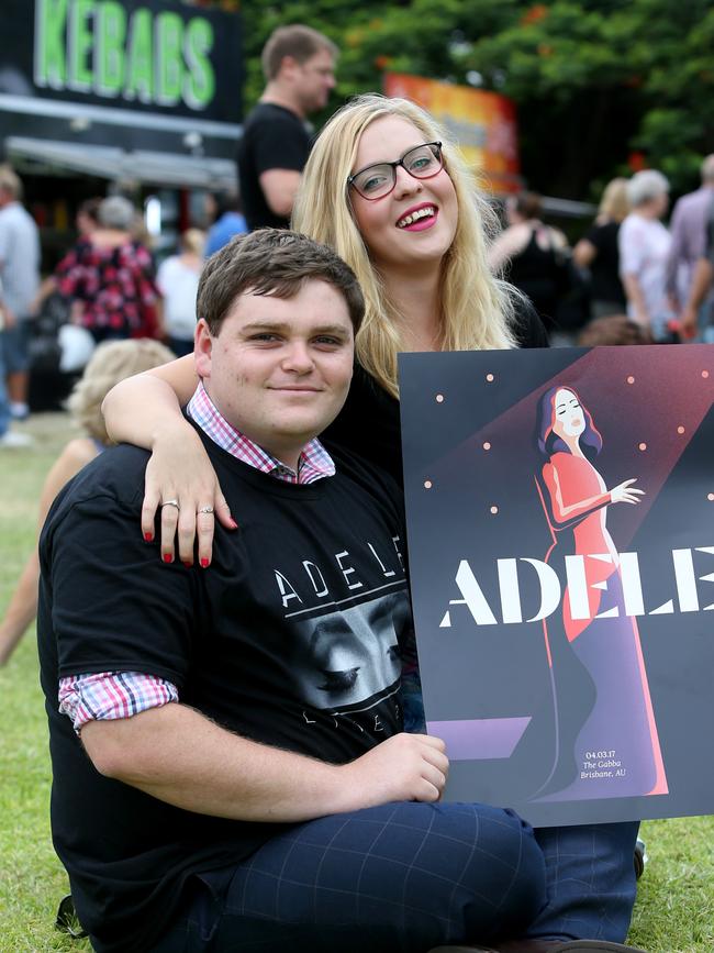 Brent Hunter with Katherine O’Brien, both from Queanbeyan, couldn’t wait to hear Adele sing at the Gabba. Picture: Steve Pohlner