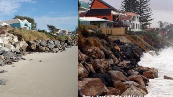 Photographs showing the inconsistent and adhoc seawall construction at Palm Beach, on the southern Gold Coast.