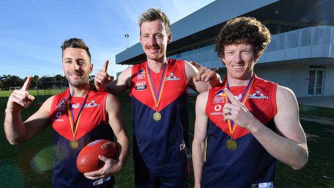 (L-R) Lockleys A grade player Liam Narcys who kicked the winning goal for the side in the grand final, Chad Hamilton from the B grade and Brad Broughton who won best on ground for the A grade. Picture: Mark Brake