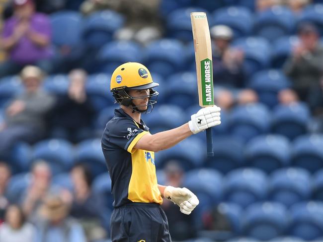 Nick Selman of Glamorgan raises his bat after scoring 50 runs during the Royal London One-Day Cup semi final match against Essex at Sophia Gardens on August 16, 2021 in Cardiff, Wales. Picture: Nathan Stirk/Getty Images