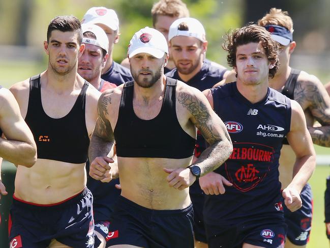 MELBOURNE, AUSTRALIA - DECEMBER 13:  Nathan Jones leads as he sprints during a Melbourne Demons AFL training session at Gosch's Paddock on December 13, 2017 in Melbourne, Australia.  (Photo by Michael Dodge/Getty Images)