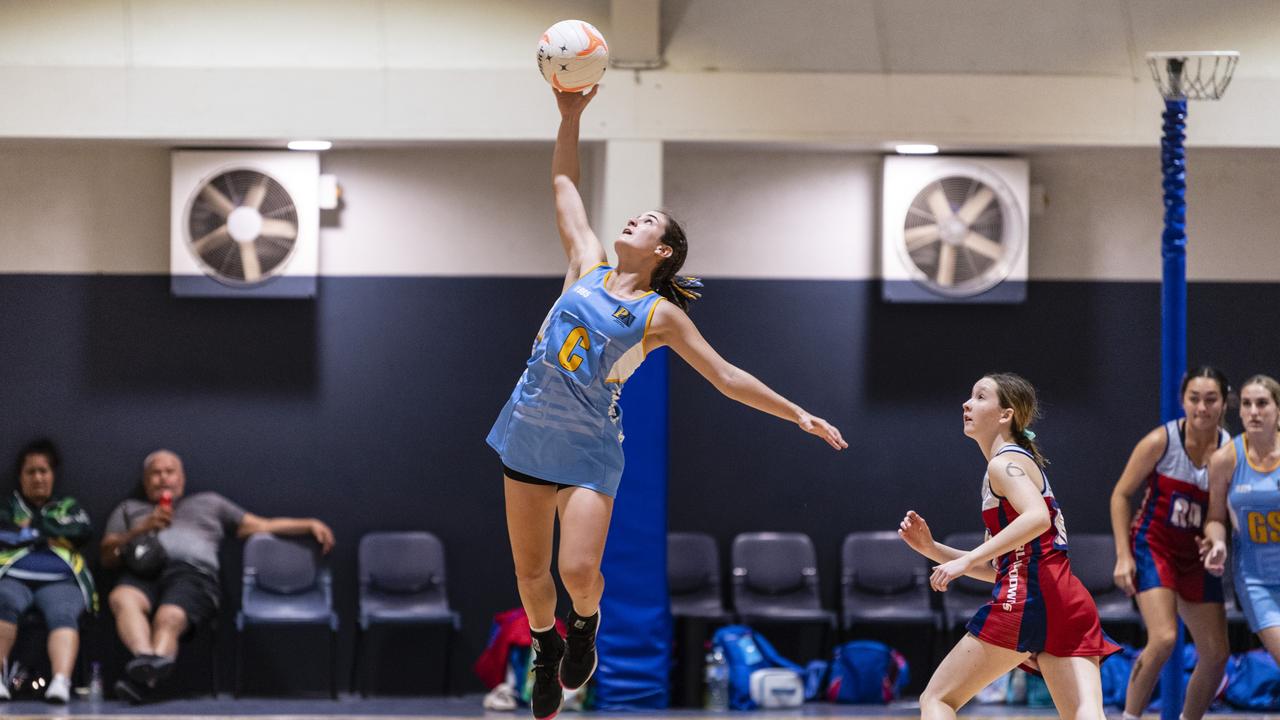 Emily Grace gets to the ball for Peninsula against Darling Downs in Queensland School Sport 16-19 Years Girls Netball Championships at Clive Berghofer Arena, St Mary's College, Friday, May 6, 2022. Picture: Kevin Farmer