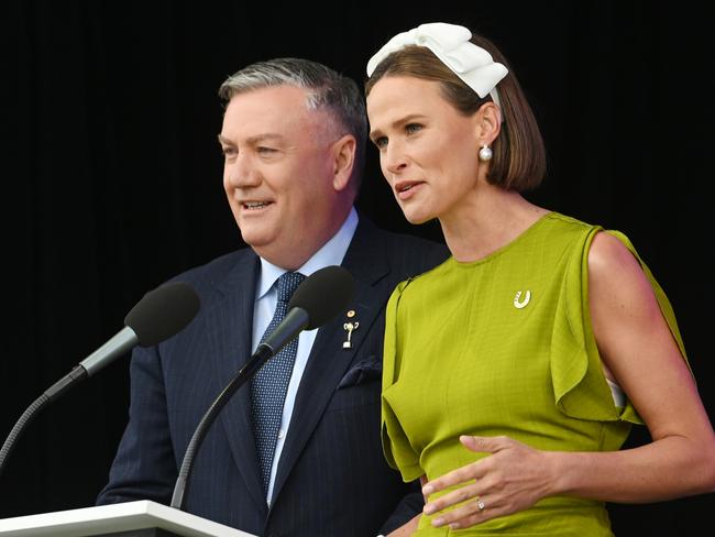 Eddie McGuire and Francesca Cumani speaking during the 2024 Melbourne Cup Carnival Launch. Picture: Getty Images.