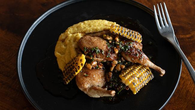 Nota’s Brisbane Valley quail with sweet corn polenta, burnt butter jus, hazelnut. Picture: David Kelly