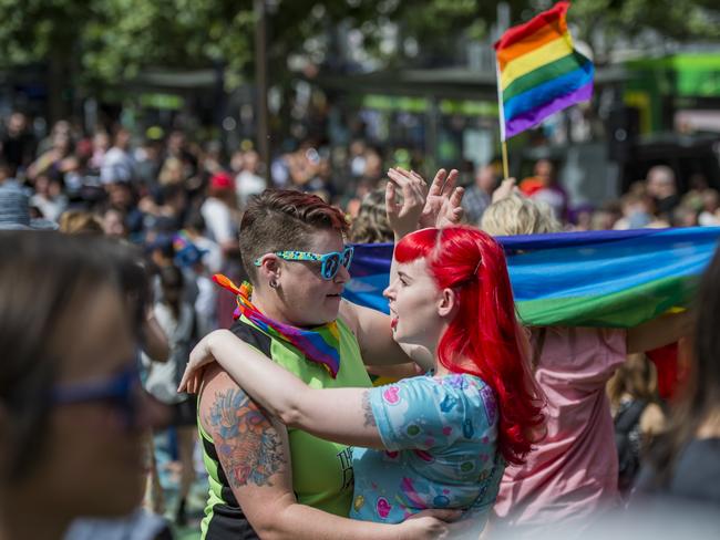 Thousands celebrate at the SSM Same Sex Marriage result party on the steps of the state library. Equality Campaign community event to broadcast live same-sex marriage survey results to the crowd. State Library of Victoria. Picture: Jason Edwards