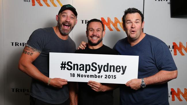 Matty Johns with his former Grill team hosts Mark Geyer (L) and Gus Worland (R). Picture: Cameron Richardson