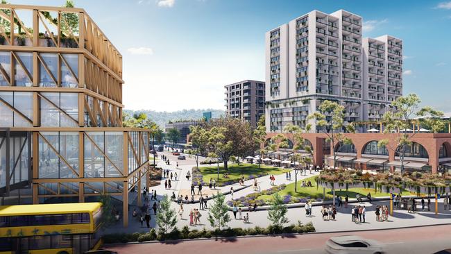 An artist's impression, contained in Northern Beaches Council's draft Brookvale Structure Plan, looking across the new town square, from near the B-Line bus stop, where apartment blocks up to 15 storeys would be allowed. Picture: Northern Beaches Council