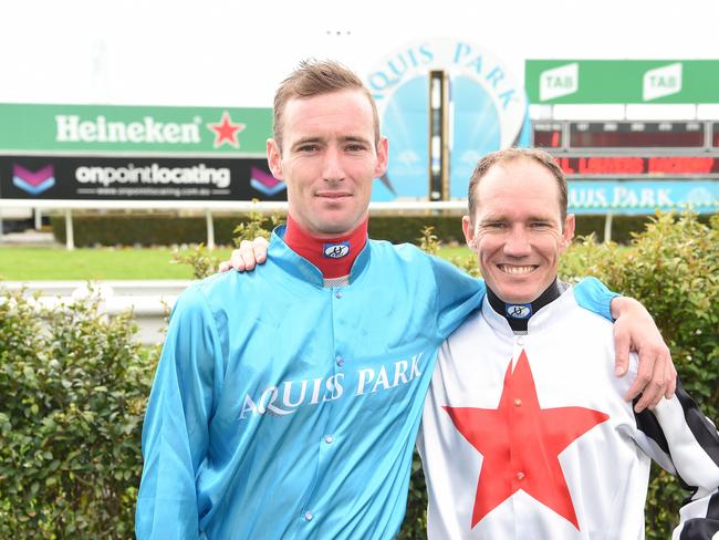 Gold Coast race meeting The Gold Coast Turf Club at Bundall. Jockeys Ryan Plumb and Dan Griffin in the mounting yard before the first race. Picture: Lawrence Pinder