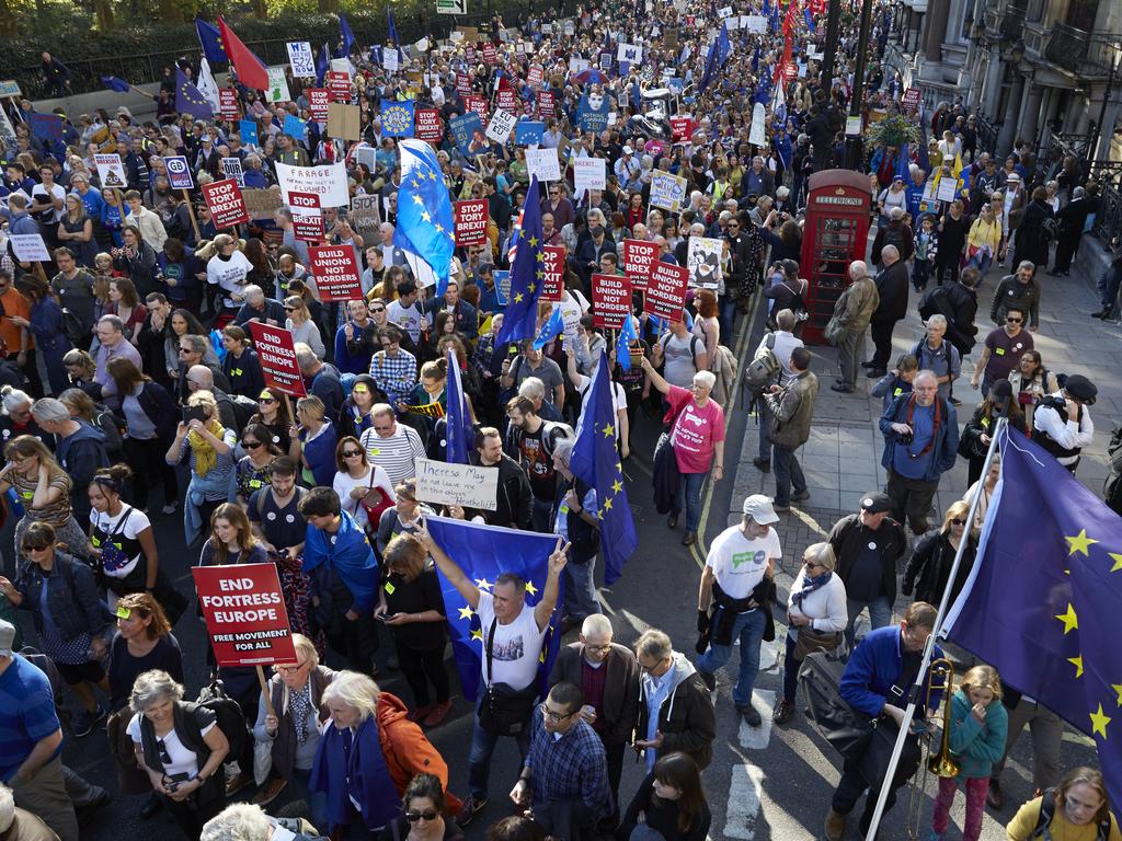 Thousands of protesters march along Piccadilly in London on October 28 in what was said to be the largest anti-Brexit demonstration so far. Picture: Alex McBride/Getty Images