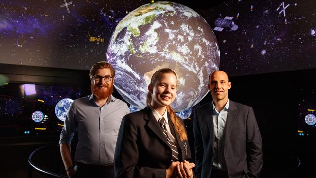 Uni student Nat Shearer, high school student Polina Brooks, 14, and Matt Tetlow from Inovor at UniSA's MOD. Picture Matt Turner