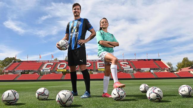 Reigning Sergio Melta Medallist Allan Welsh (Adelaide Comets) and 2020 Shirley Brown Medallist Maria Jose Rojas (Salisbury Inter) are two players to watch during this year’s NPL SA and WNPL seasons. The 2021 campaigns kick off on April 9. Picture: Keryn Stevens