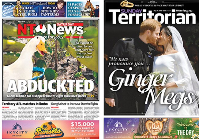 Best of the NT News front pages: "Abduckted" and "We now pronounce you Ginger Megs".