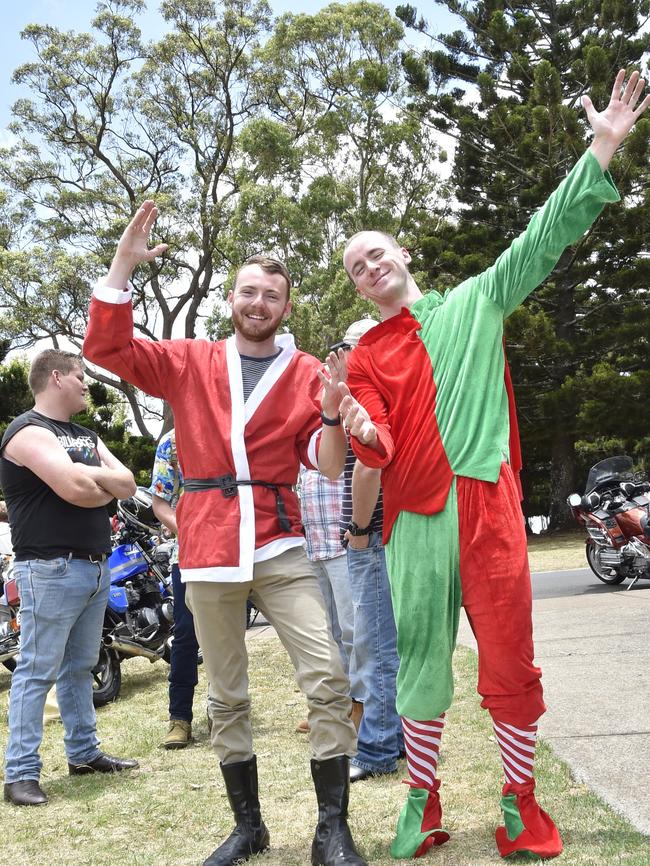 In the Christmas spirit, Ben Blades (left) and Matt Bowtell. The Downs Motorcycle Sporting Club annual toy run with toys donated to St Vincent de Paul Society, Toowoomba and the Toowoomba Hospital Foundation. December 18, 2016