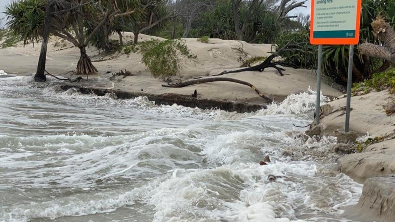 A king tide and huge swells combined to break through part of Bribie Island, creating the Bribie Bar into the Pumicestone Passage.