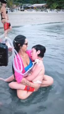 The love of a mother with her disabled son on holiday