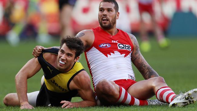 Sydney’s Lance Franklin and Richmond’s Alex Rance. Picture: Michael Klein