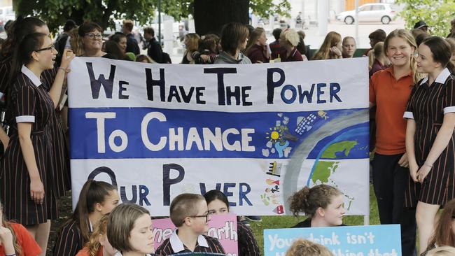 Tasmanian students protest inaction on climate change. Students protesting on parliament lawns, Hobart. Picture: Mathew Farrel