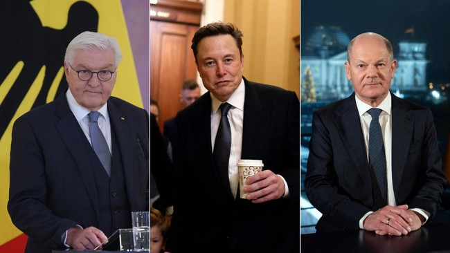 German President Frank-Walter Steinmeier, SpaceX and Tesla boss Elon Musk, and German chancellor Olaf Scholz. Picture: Supplied