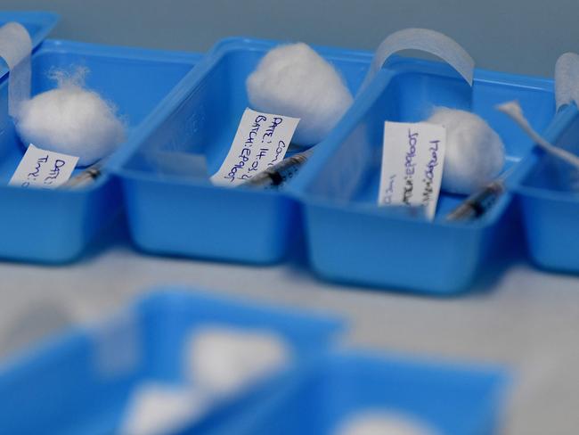 SYDNEY, AUSTRALIA - NewsWire Photos MARCH, 14, 2021: Syringes filled with the Pfizer COVID-19 vaccination are seen ready for patients at the Castle Hill Medical Centre, in Sydney. Picture: NCA NewsWire/Bianca De Marchi