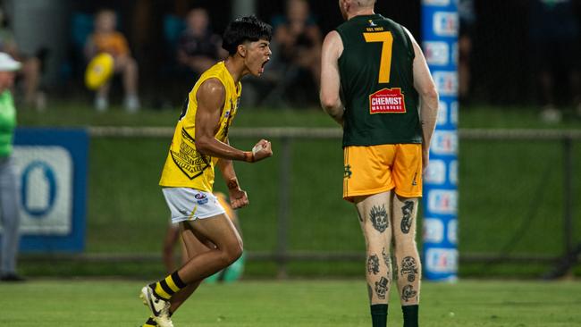 Hau-Tze Rock celebrates a goal for the Nightcliff Tigers against St Mary's in Round 1 of the 2024-25 NTFL season. Picture: Pema Tamang Pakhrin