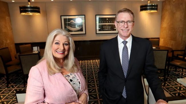 Crown Resorts new chair Helen Coonan with new CEO Ken Barton in the Crystal Club at Crown, Melbourne on Friday. Picture: David Geraghty