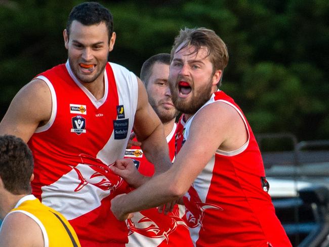 Peninsular football league club Sorrento versus Frankston at Sorrento. A look behind the scenes of the day. Sorrento's Leigh Poholke celebrates his goal.Picture: Jay Town