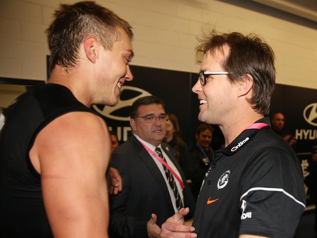 Patrick Cripps and David Teague are all smiles after a Blues win. Picture: Michael Klein