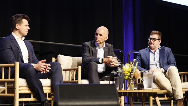 Director and co-founder of The Demographics Group Simon Kuestenmacher, Cairns Airport CEO Richard Barker and Director of Planning, Growth and Sustainability at Cairns Regional Council Ed Johnson on the discussion panel at the Cairns Post's Future Cairns event. Picture: Brendan Radke