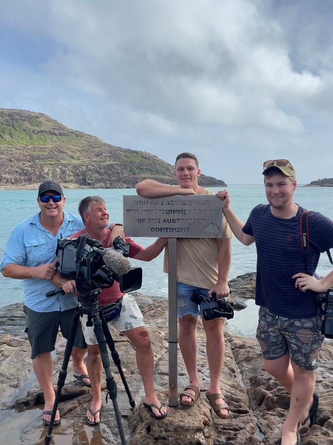 Nick Brigg (far right), presenter Scott Hillier and the team at Cape York. Picture: Supplied