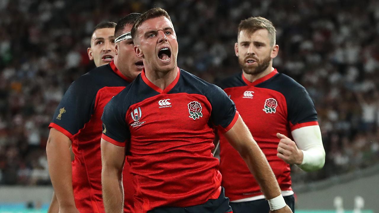 George Ford of England celebrates after scoring a try during the Rugby World Cup.