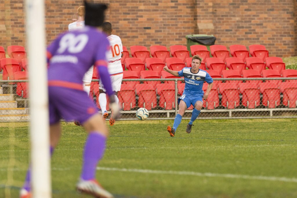 Chris Hatfield for South West Queensland Thunder against Lions FC in NPL Queensland men round 22 football at Clive Berghofer Stadium, Saturday, July 28, 2018. Picture: Kevin Farmer