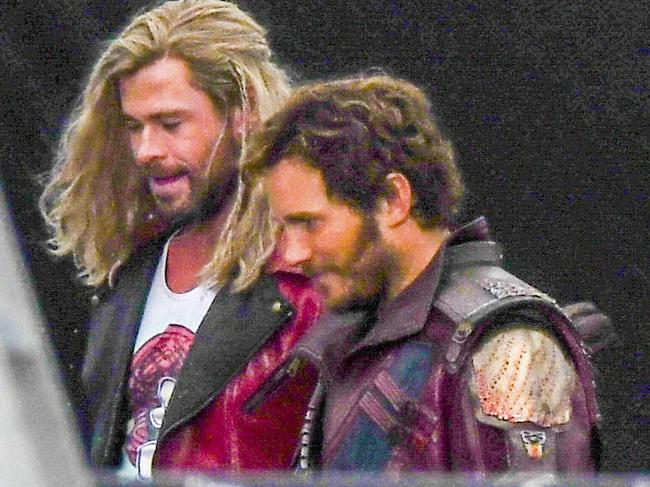 The CHRIS'S combine! Marvel Hero's Thor (Chris Hemsworth) & Star-Lord (Chris Pratt) pictured on set of Thor: Love and Thunder in Sydney's Centennial Park1 February 2021Ã&#130;Â©MEDIA-MODE.COM