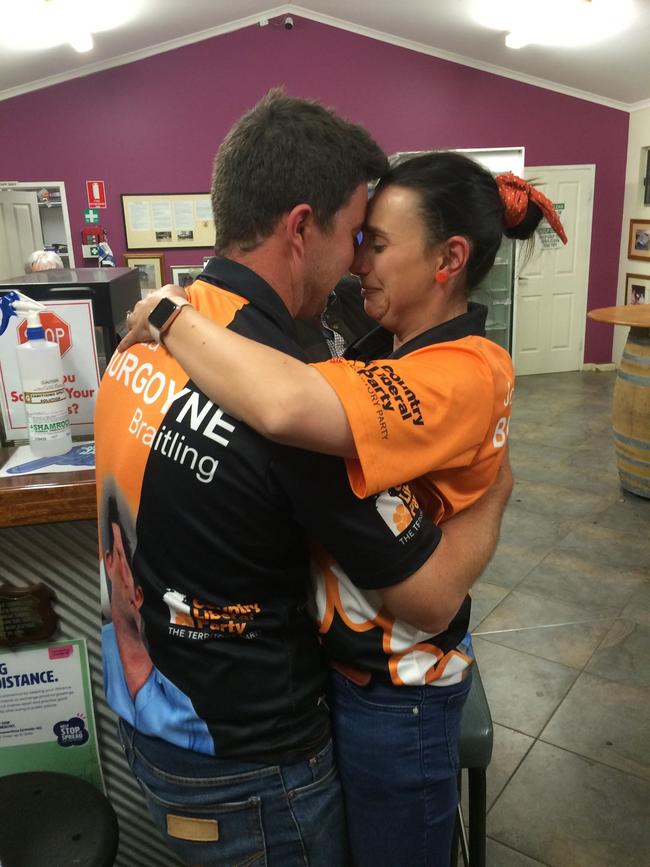 CLP candidate for Braitling Joshua Burgoyne and wife, Lisa, claiming an early win at the CLP party in Alice Springs on NT's election night.