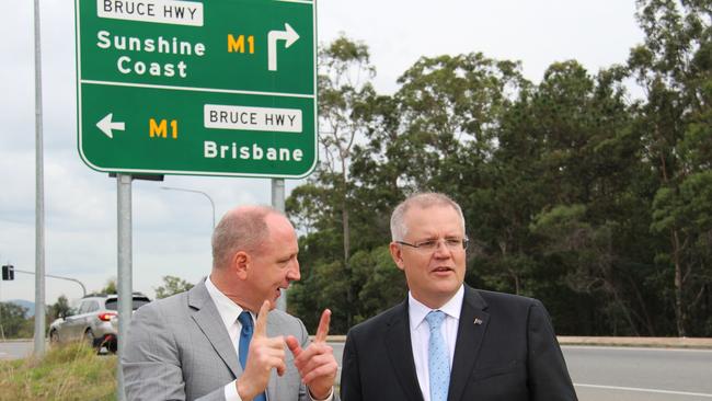 Federal LNP member for Petrie Luke Howarth discusses the upgrade to Deception Bay Rd interchange with then Federal Treasurer Scott Morrison in 2017. Photo: Erin Smith