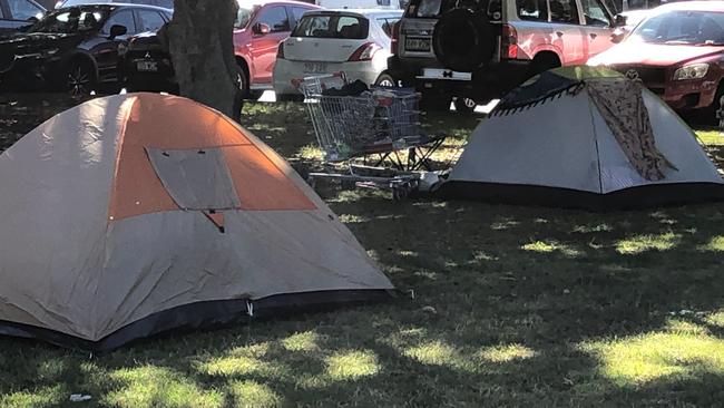 Tents in Carey Park near vehicles parked at Southport on the Gold Coast.