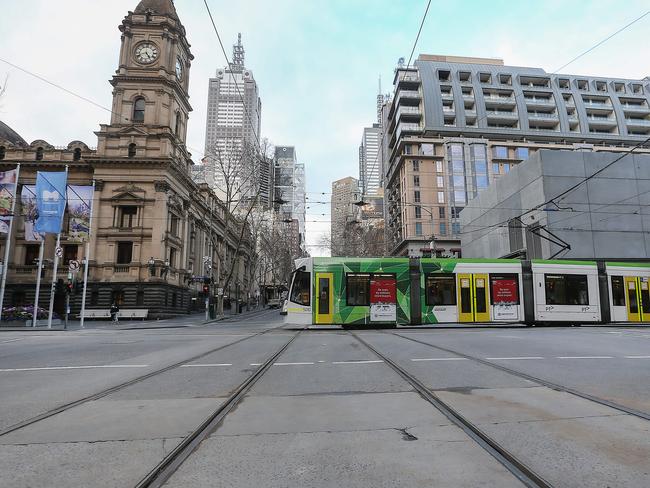 The effects of a stage 4 lockdown are evident as the streets of Melbourne's CBD resemble at times a ghost town. Picture : Ian Currie