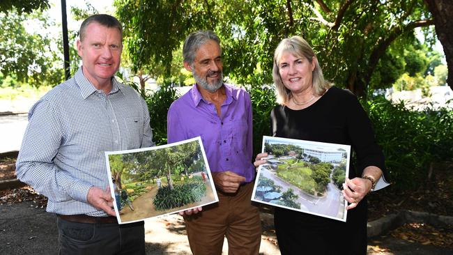 Member for Port Darwin, Paul Kirby, Director of Clouston Associates, Tony Cox and Infrastructure Minister, Eva Lawler, with some of the designs for the redeveloped current car park next to Parliament House. Picture: Katrina Bridgeford