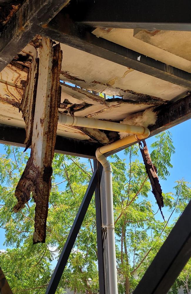 Damage and dilapidation at homes in Bellamack, Palmerston. The homes were built as part of a Northern Territory Government affordable housing scheme. Picture: Matt Cunningham