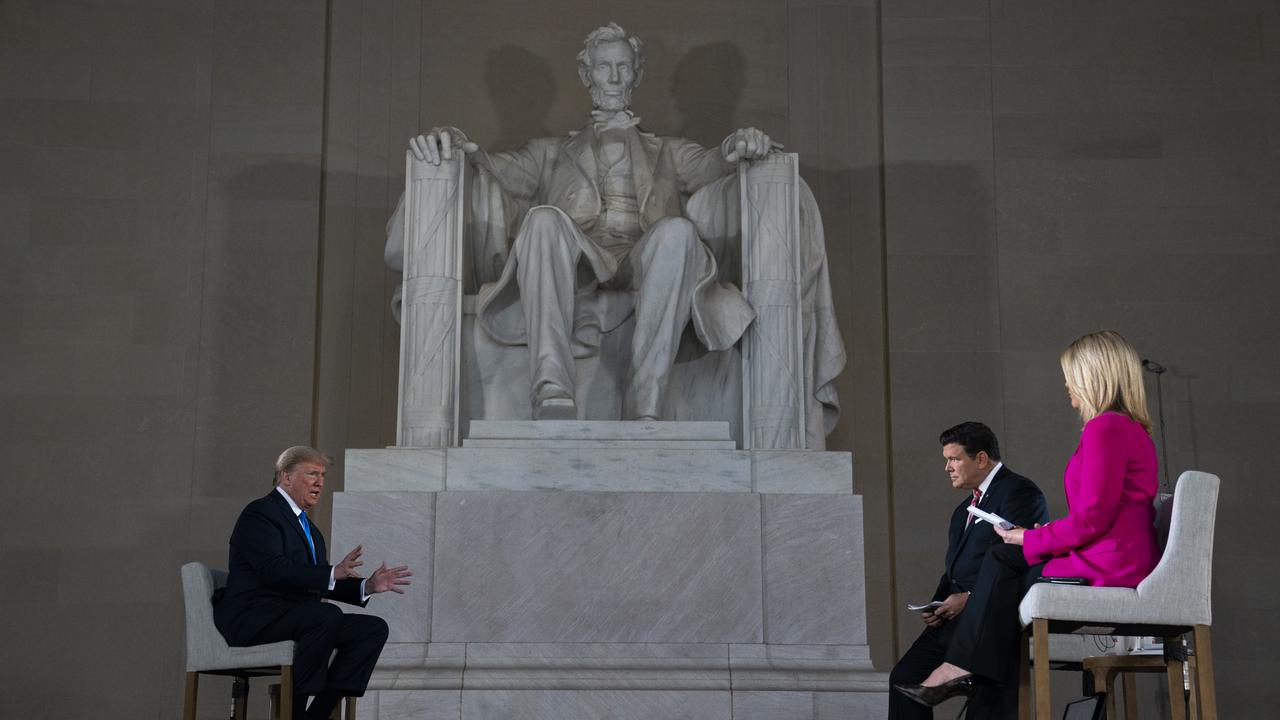 US President Donald Trump speaks during a Fox News virtual town hall from the Lincoln Memorial. Picture: AP Photo/Evan Vucci