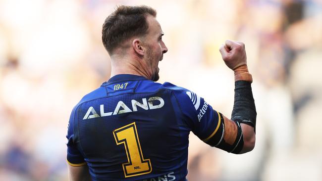 SYDNEY, AUSTRALIA - AUGUST 31: Clint Gutherson of the Eels celebrates scoring a try during the round 26 NRL match between Parramatta Eels and St George Illawarra Dragons at CommBank Stadium, on August 31, 2024, in Sydney, Australia. (Photo by Matt King/Getty Images)