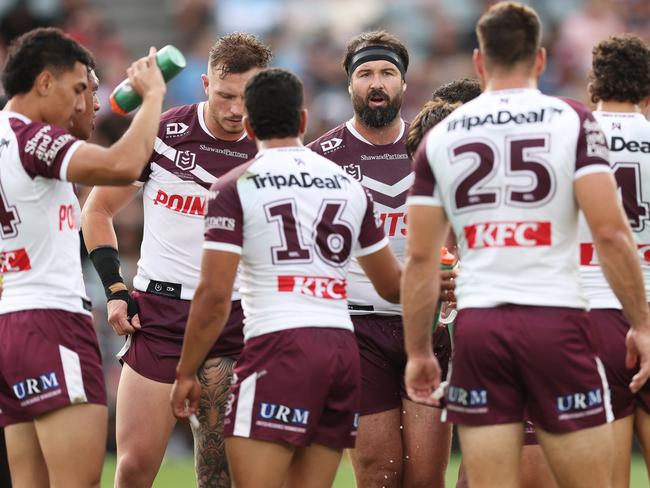 GOSFORD, AUSTRALIA - FEBRUARY 11:  Aaron Woods of the Sea Eagles talks to team mates during the NRL pre-season trial match between Manly Sea Eagles and South Sydney Rabbitohs at Industree Group Stadium on February 11, 2024 in Gosford, Australia. (Photo by Matt King/Getty Images)