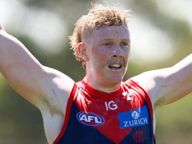 MELBOURNE, AUSTRALIA - FEBRUARY 18: Clayton Oliver of the Demons in action during the AFL 2024 Match Simulation between Melbourne and Richmond at Casey Fields on February 18, 2024 in Melbourne, Australia. (Photo by Michael Willson/AFL Photos via Getty Images)