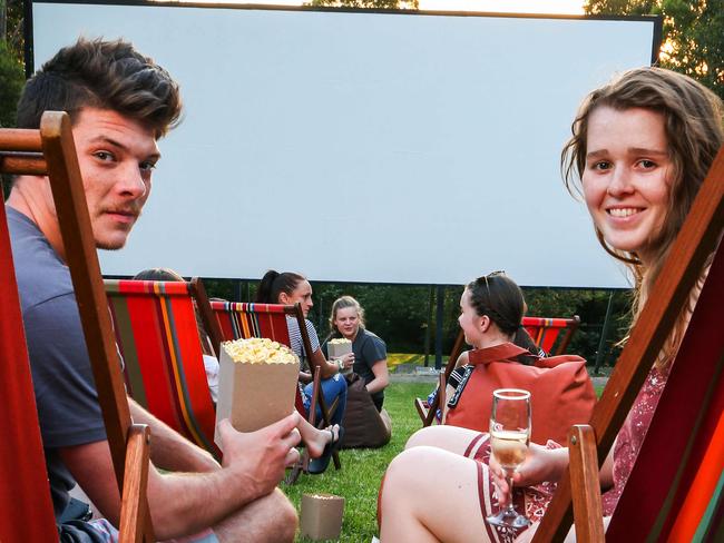 Caleb Bentley and Madeleine Dean, both from Narre Warren, settle in to watch Thor at the Cameo Outdoor Cinemas in Belgrave. Picture: Nicole Cleary