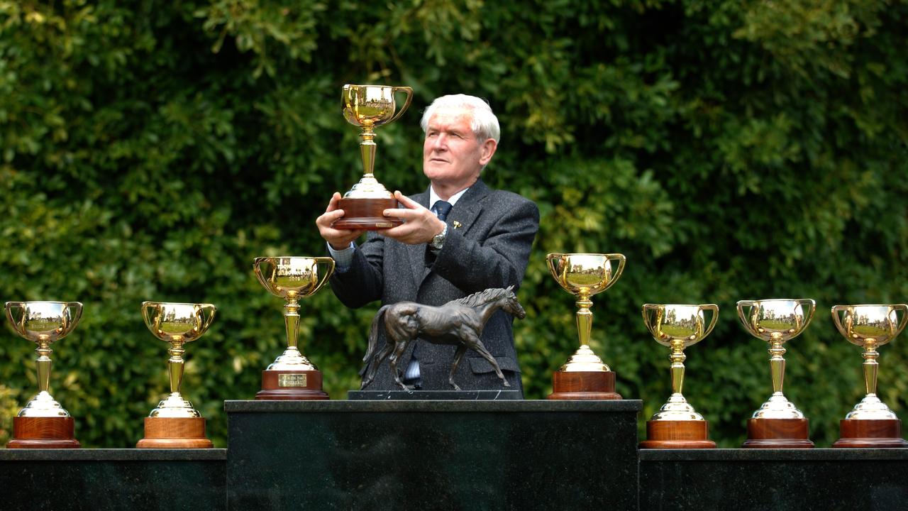 Melbourne Cup Tour of New Zealand. Owner of Cambridge Stud, Sir Patrick Hogan with seven Melbourne Cups won by horses in connection with the Cambridge Stud. Sir Patrick checks out the 2007 Emirates Melbourne Cup, as it passed through Cambridge on its tour of New Zealand.