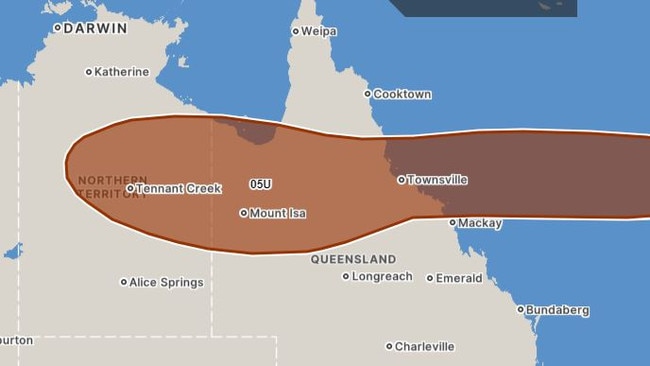 The predicted impact zone of what would be Tropical Cyclone Kirrily by Thursday. Picture: BOM